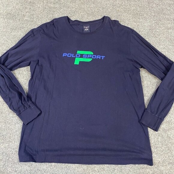 Polo Sport T-shirt L Blue Long Sleeve Cotton Spellout Vintage - Picture 1 of 8